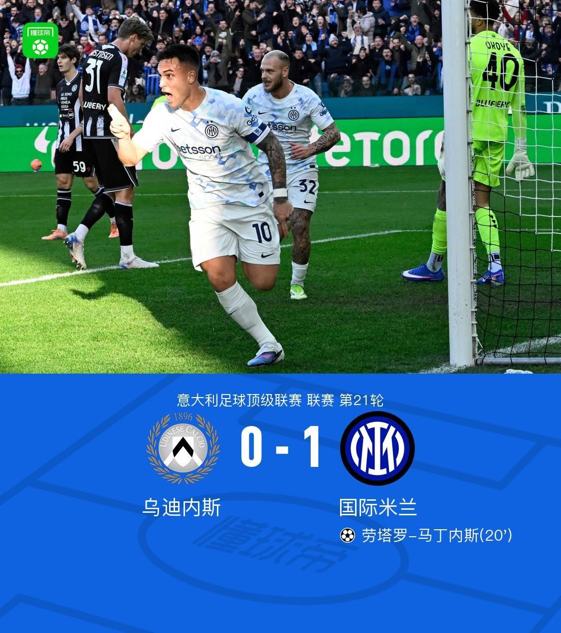  剑南春｜国米1-0乌迪内斯，劳塔罗制胜，迪马尔科进球被吹